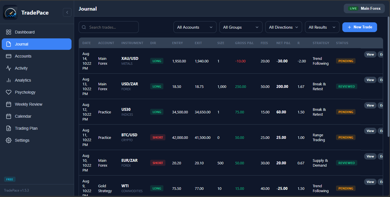 TradePace Journal screenshot